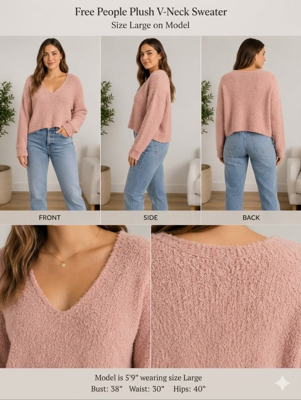 Free People Plush V-Neck Sweater in Blush Pink